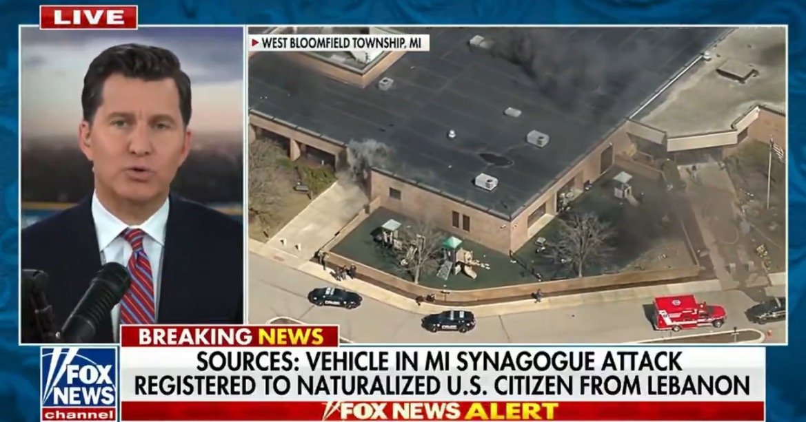 Breaking news segment on Fox News covering a synagogue attack in West Bloomfield, Michigan, with details about the vehicle involved and its registration.