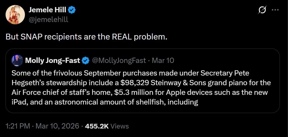Tweet discussing government spending on luxury items versus concerns about SNAP recipients, highlighting a critique of priorities in public welfare.