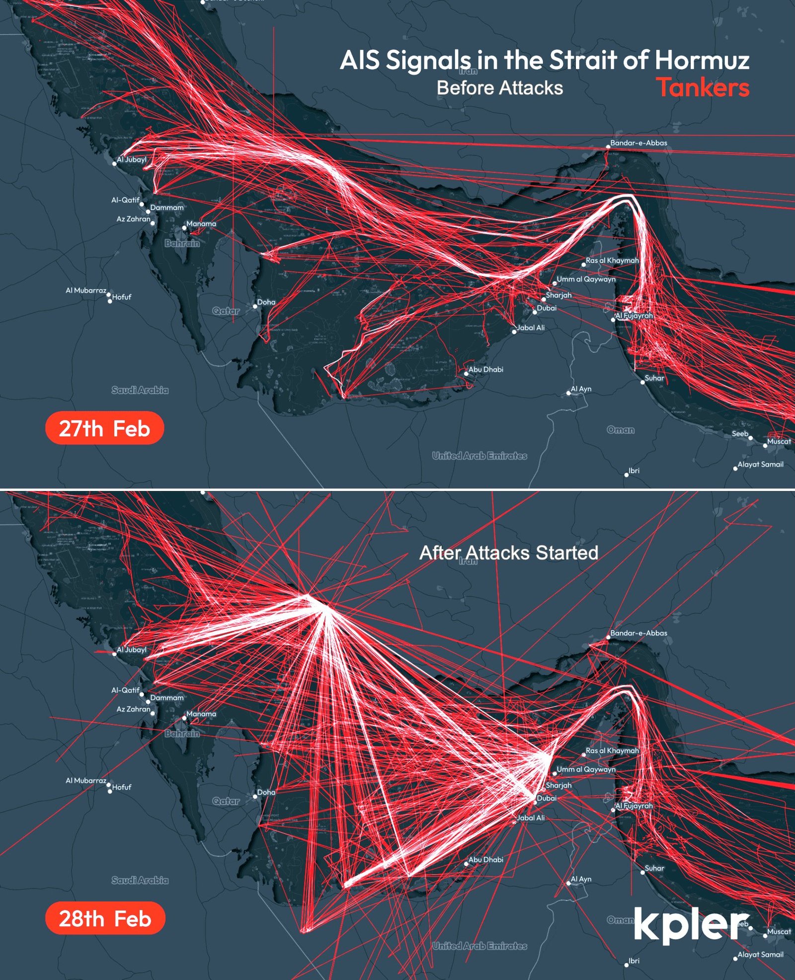 Map showing AIS signals of tankers in the Strait of Hormuz before and after attacks on February 27 and 28, highlighting changes in shipping routes.