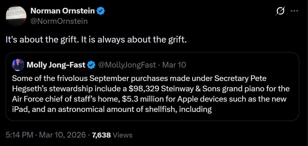Tweet discussing questionable government spending under Secretary Pete Hegseth, highlighting extravagant purchases including a grand piano and Apple devices.