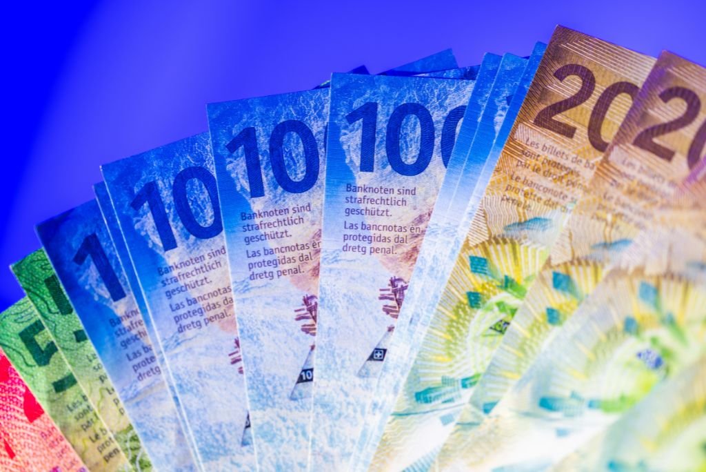 Colorful assortment of Swiss banknotes, including denominations of 10, 20, and 100 francs, displayed against a vibrant blue background.