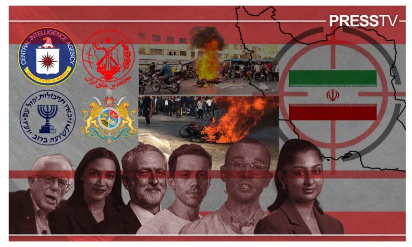 Collage depicting political unrest in Iran, featuring protests, fires, and various intelligence agency logos, highlighting tensions and international involvement.