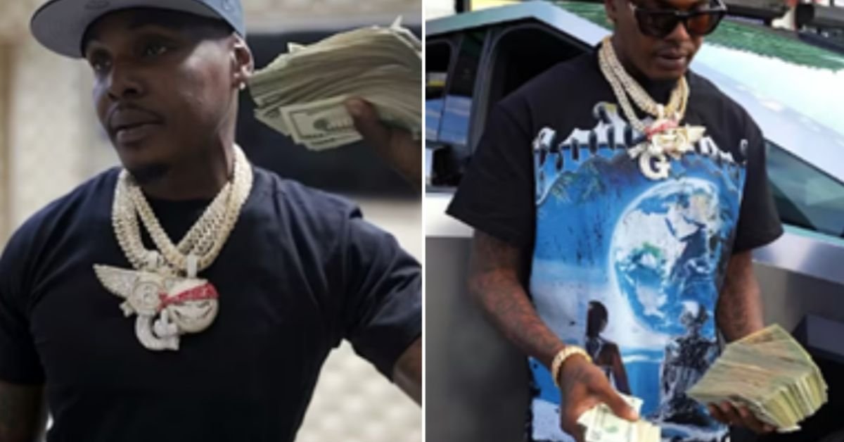 Man holding stacks of cash while wearing multiple gold chains and stylish clothing, showcasing a luxurious lifestyle.