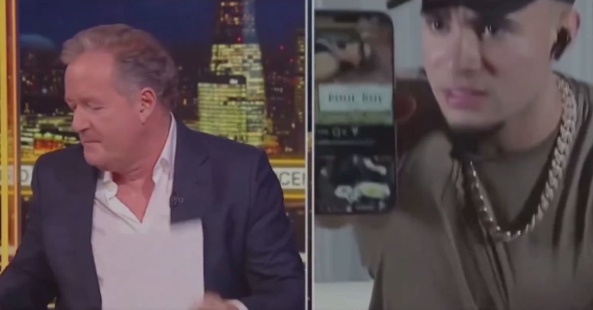 Piers Morgan reacts to a guest showing content on a smartphone during a live broadcast, highlighting a tense discussion.