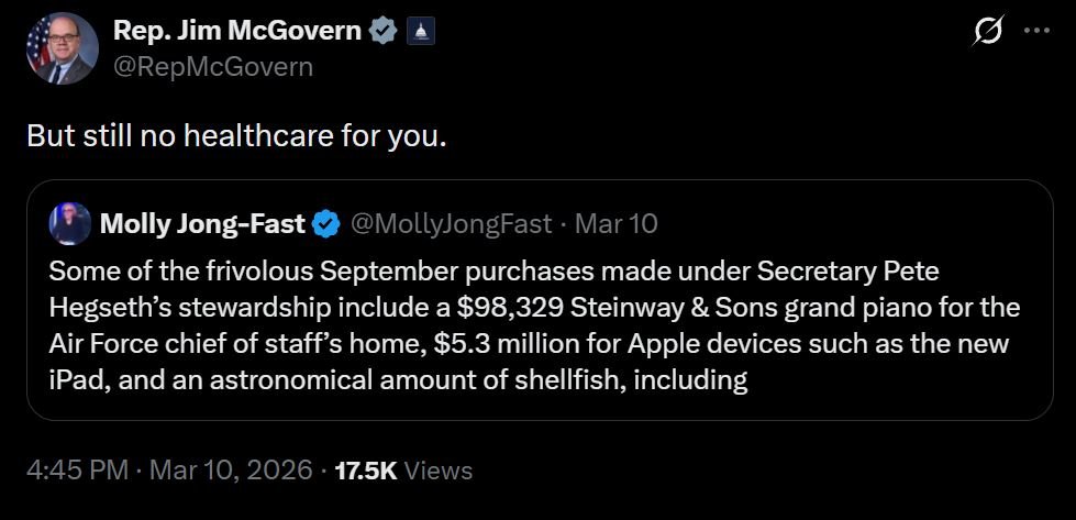 Tweet by Rep. Jim McGovern highlighting extravagant government spending while criticizing the lack of healthcare access, referencing purchases detailed by Molly Jong-Fast.