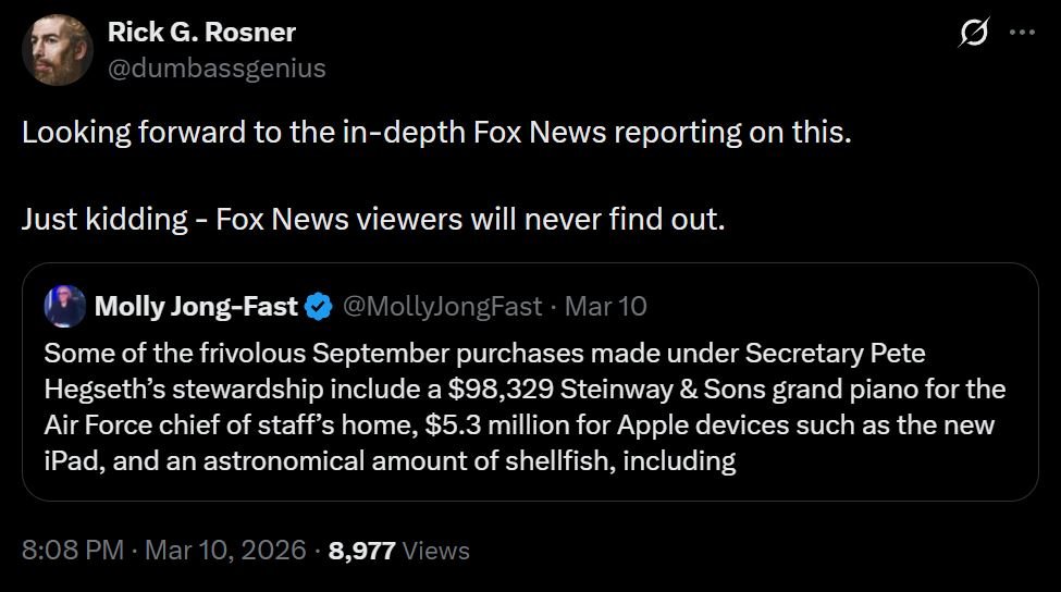 Tweet discussing expensive purchases made under Secretary Pete Hegseth, including a Steinway piano and Apple devices, with commentary on media reporting.