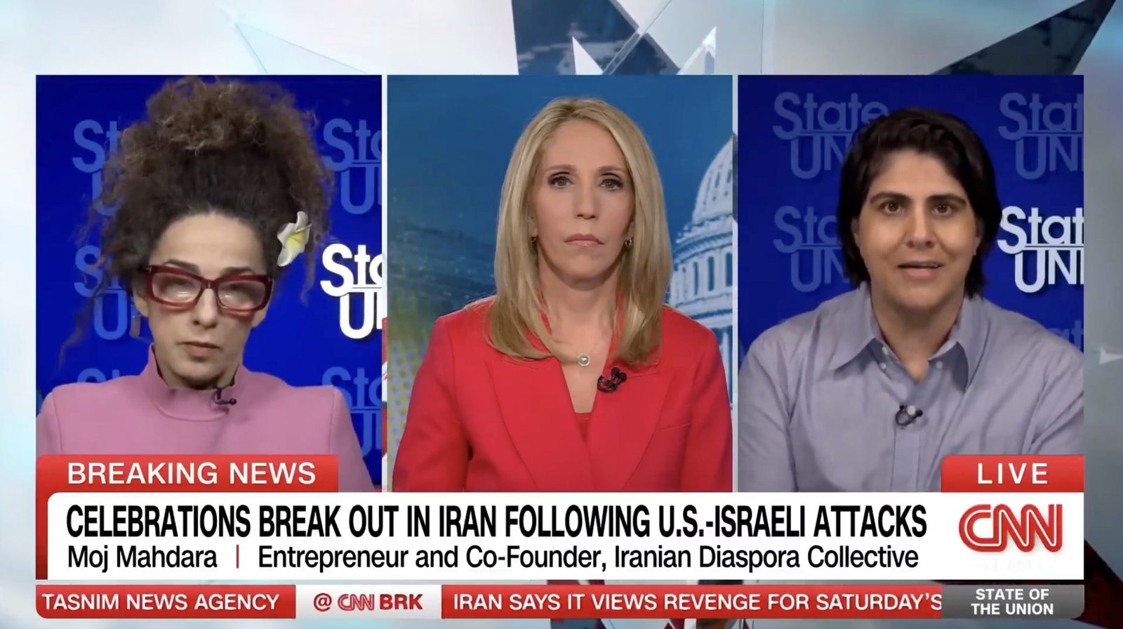 Discussion on CNN's State of the Union featuring Moj Mahdara and Dana Bash, addressing celebrations in Iran following recent U.S.-Israeli attacks.