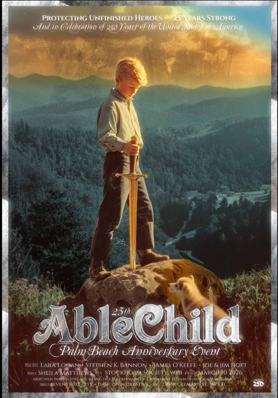Promotional poster for the 25th anniversary of AbleChild, featuring a young boy holding a sword, set against a scenic mountain backdrop.