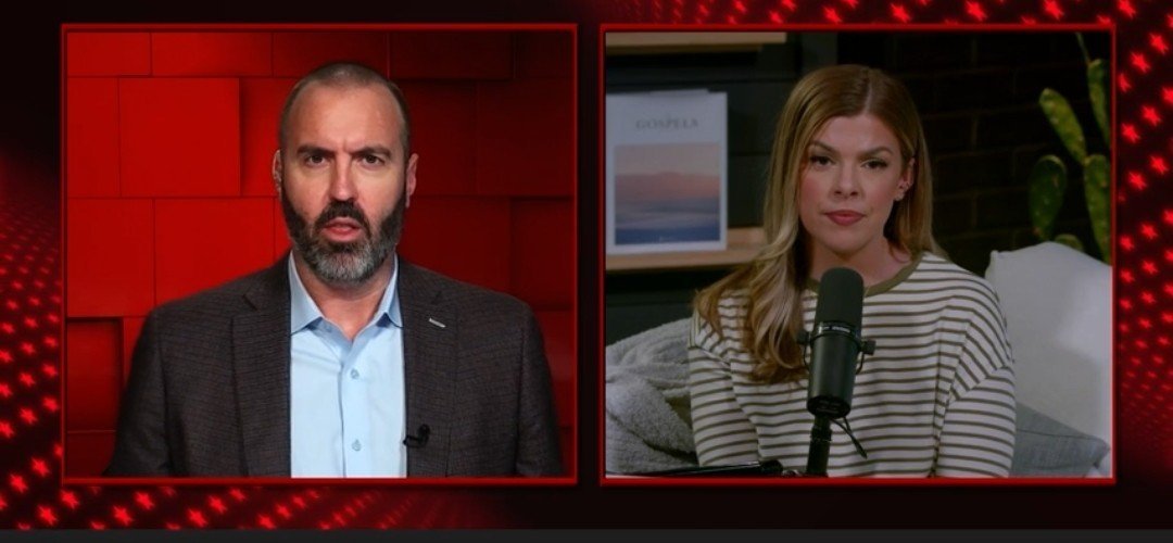 Two hosts engage in a discussion on a video podcast, featuring a split-screen format with a red background and modern decor.