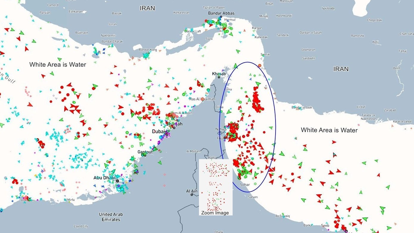 Map showing maritime traffic in the Persian Gulf, highlighting vessel locations and key areas near Dubai and Abu Dhabi with color-coded indicators for different types of ships.