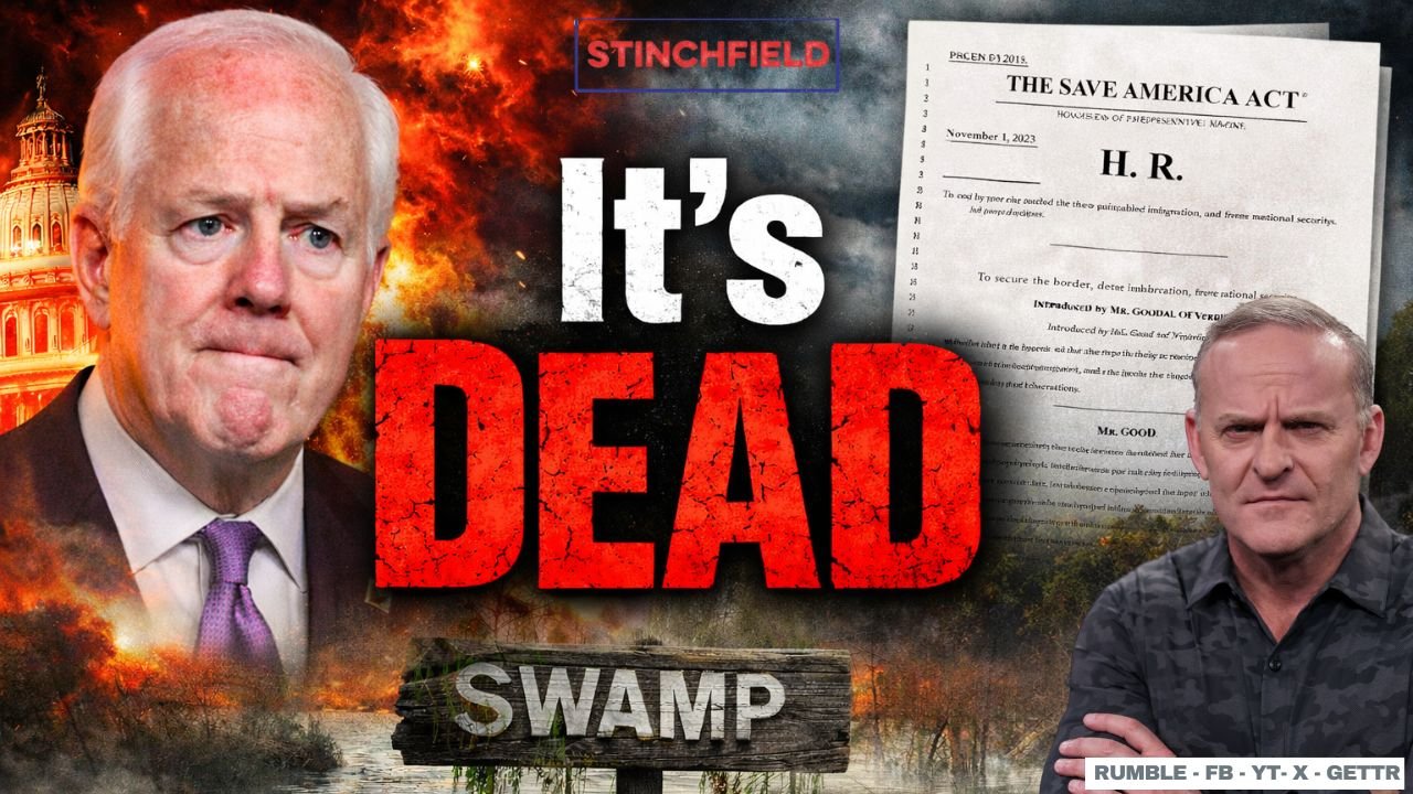 John Cornyn expresses concern as the Save America Act is declared dead, with visuals highlighting political tension and a swamp-themed backdrop.