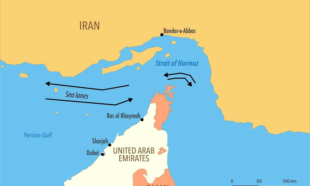 Map highlighting the Strait of Hormuz, sea lanes, and key locations in Iran and the United Arab Emirates.