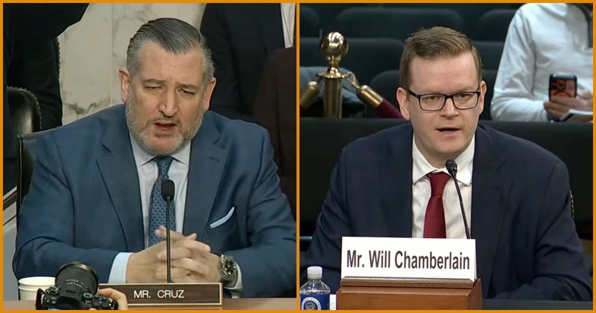 Senator Ted Cruz and Will Chamberlain participate in a congressional hearing, discussing key issues while seated at a table with microphones and nameplates.