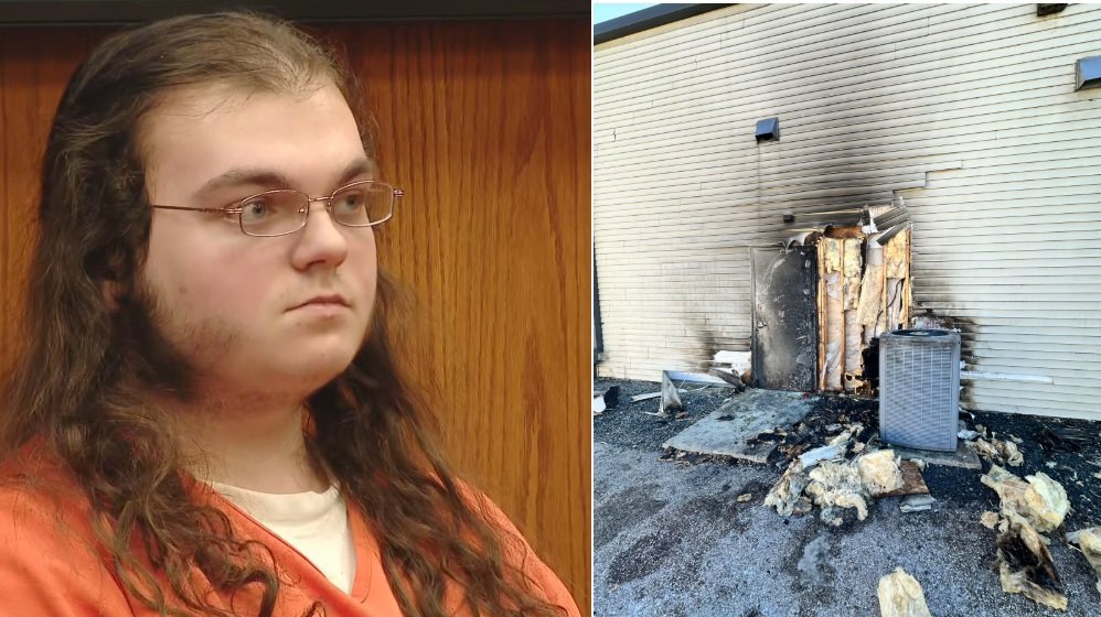 Courtroom scene of a young man in an orange jumpsuit alongside an image of fire damage to a building's exterior, highlighting a recent incident.