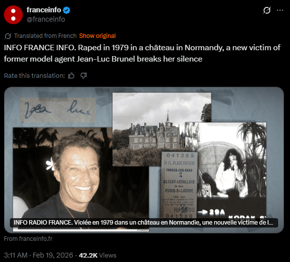 Image depicting a news article about a victim of former model agent Jean-Luc Brunel, discussing her experience of being assaulted in a Normandy château in 1979.